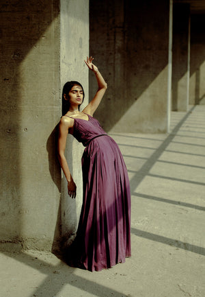 Balance and proportion define Mannat Gupta's signature silhouettes, Ready for a party look with our jumpsuit and playsuit collection, This sleeveless purple jumpsuit comes with a special hand-pleating effect. Feel free to style this jumpsuit set with a bl