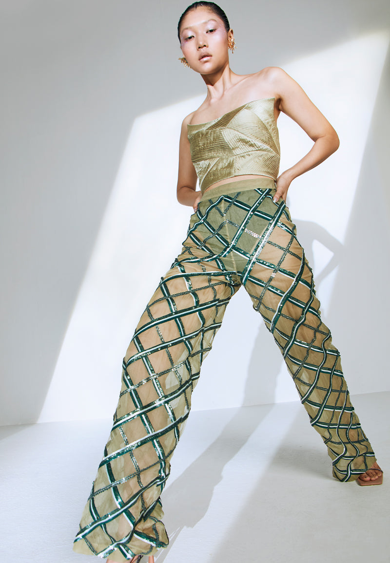 Embellished Sheer Pants in Olive Green – MANNAT GUPTA